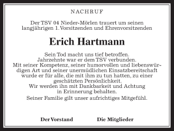 Traueranzeige von Erich Hartmann von Wetterauer Zeitung, Wetterauer Zeitung