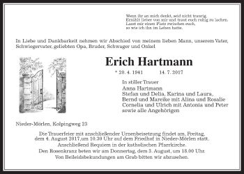 Traueranzeige von Erich Hartmann von Wetterauer Zeitung, Wetterauer Zeitung