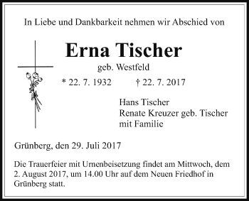 Traueranzeige von Erna Tisch von Giessener Allgemeine, Alsfelder Allgemeine