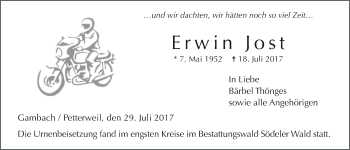 Traueranzeige von Erwin Jost von Wetterauer Zeitung, Wetterauer Zeitung