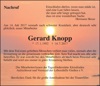 Traueranzeige von Gerard Knopp von Giessener Allgemeine, Alsfelder Allgemeine