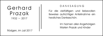 Traueranzeige von Gerhard Prazak von Wetterauer Zeitung, Wetterauer Zeitung
