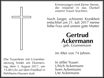 Traueranzeige von Gertrud Ackermann von Giessener Allgemeine, Alsfelder Allgemeine