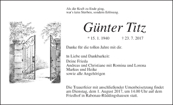Traueranzeige von Günter Titz von Giessener Allgemeine, Alsfelder Allgemeine