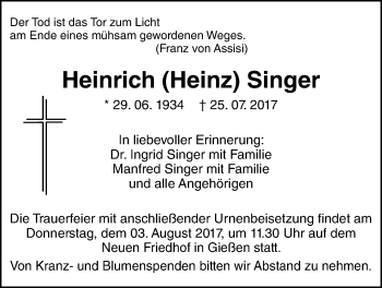 Traueranzeige von Heinrich  Singer von Giessener Allgemeine, Alsfelder Allgemeine