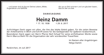 Traueranzeige von Heinz Damm von Giessener Allgemeine, Alsfelder Allgemeine