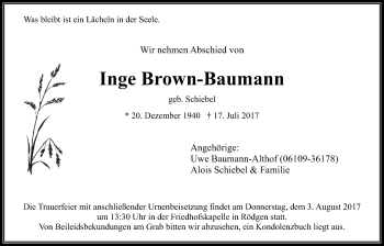 Traueranzeige von Inge Brown-Baumann von Wetterauer Zeitung, Wetterauer Zeitung