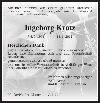 Traueranzeige von Ingeborg Kratz von Giessener Allgemeine, Alsfelder Allgemeine