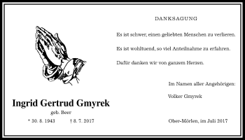 Traueranzeige von Ingrid Gertrud Gmyrek von Wetterauer Zeitung, Wetterauer Zeitung