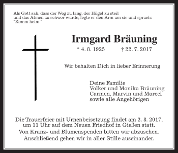 Traueranzeige von Irmgard Bräuning von Giessener Allgemeine, Alsfelder Allgemeine