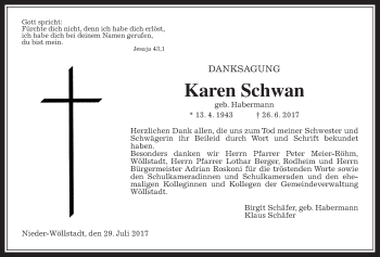Traueranzeige von Karen Schwan von Wetterauer Zeitung, Wetterauer Zeitung