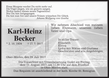 Traueranzeige von Karl-Heinz Becker von Wetterauer Zeitung, Wetterauer Zeitung