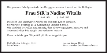 Traueranzeige von Nadine Witalle von Wetterauer Zeitung, Wetterauer Zeitung