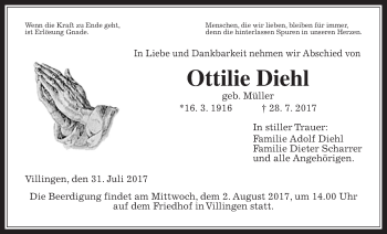 Traueranzeige von Ottilie Diehl von Giessener Allgemeine, Alsfelder Allgemeine