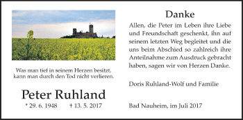 Traueranzeige von Peter Ruhland von Wetterauer Zeitung, Wetterauer Zeitung