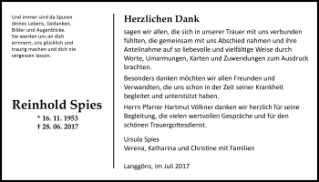 Traueranzeige von Reinhold Spies von Giessener Allgemeine, Alsfelder Allgemeine