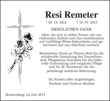 Traueranzeige von Resi Remeter von Wetterauer Zeitung, Wetterauer Zeitung