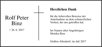 Traueranzeige von Rolf Peter Binz von Giessener Allgemeine, Alsfelder Allgemeine