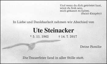 Traueranzeige von Ute Steinacker von Wetterauer Zeitung, Wetterauer Zeitung