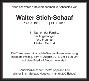 Traueranzeige von Walter Stich-Schaaf von Wetterauer Zeitung, Wetterauer Zeitung