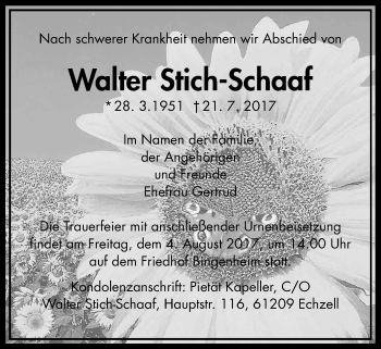 Traueranzeige von Walter Stich-Schaaf von Wetterauer Zeitung, Wetterauer Zeitung