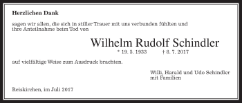 Traueranzeige von Wilhelm Rudolf Schindler von Giessener Allgemeine, Alsfelder Allgemeine