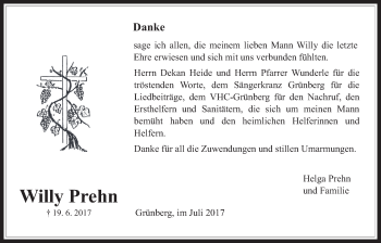 Traueranzeige von Willy Prehn von Heimatzeitung Grünberg + Laubach, Laubacher Anzeiger