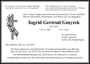 Traueranzeige von Ingrid Gertrud Gmyrek von Wetterauer Zeitung, Wetterauer Zeitung