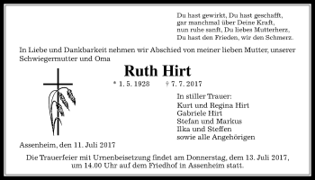 Traueranzeige von Ruth Hirt von Wetterauer Zeitung, Wetterauer Zeitung