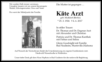 Traueranzeige von Käte Arzt von Wetterauer Zeitung, Wetterauer Zeitung