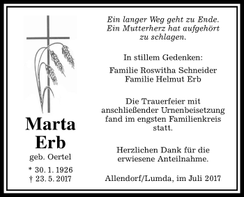 Traueranzeige von Marta Erb von Allendorfer Mitteilungen, Rabenauer Zeitung