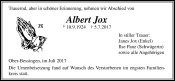 Traueranzeige von Albert Jox von Licher Wochenblatt, Licher Wochenblatt, Licher Wochenblatt