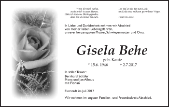 Traueranzeige von Gisela Behe von Wetterauer Zeitung, Wetterauer Zeitung
