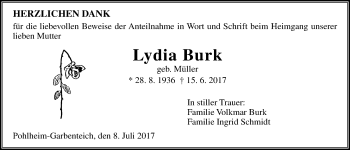 Traueranzeige von Lydia Burk von Giessener Allgemeine, Alsfelder Allgemeine