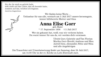 Traueranzeige von Anna Elise Gorr von Giessener Allgemeine, Alsfelder Allgemeine