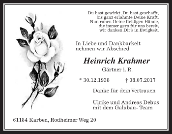 Traueranzeige von Heinrich Krahmer von Wetterauer Zeitung, Wetterauer Zeitung