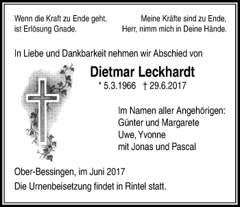 Traueranzeige von Dietmar Leckhardt von Licher Wochenblatt, Licher Wochenblatt, Licher Wochenblatt