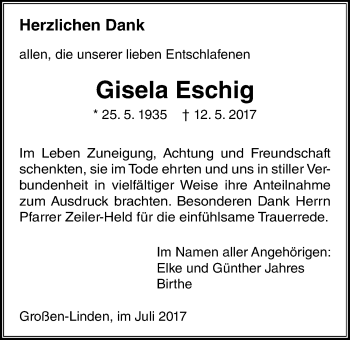 Traueranzeige von Gisela Eschig von Giessener Allgemeine, Alsfelder Allgemeine