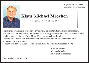 Traueranzeige von Klaus Michael Mrochen von Wetterauer Zeitung, Wetterauer Zeitung