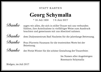 Traueranzeige von Georg Schymalla von Wetterauer Zeitung, Wetterauer Zeitung