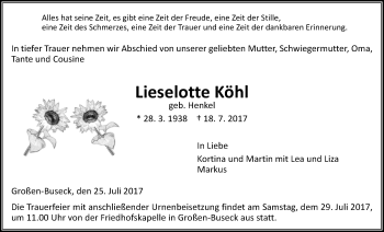Traueranzeige von Lieselotte Köhl von Giessener Allgemeine, Alsfelder Allgemeine