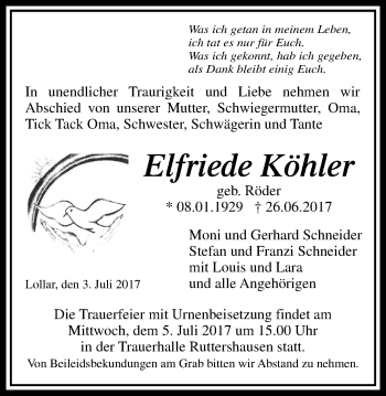 Traueranzeige von Elfriede Köhler von Giessener Allgemeine, Alsfelder Allgemeine