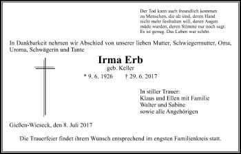 Traueranzeige von Irma Erb von Giessener Allgemeine, Alsfelder Allgemeine