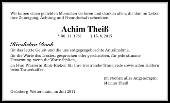 Traueranzeige von Achim Theiß von Giessener Allgemeine, Alsfelder Allgemeine