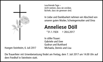 Traueranzeige von Anneliese Döll von Licher Wochenblatt, Licher Wochenblatt, Licher Wochenblatt