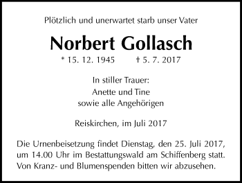 Traueranzeige von Norbert Gollasch von Giessener Allgemeine, Alsfelder Allgemeine