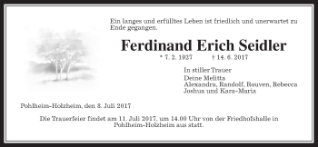 Traueranzeige von Ferdinand Erich Seidler von Giessener Allgemeine, Alsfelder Allgemeine