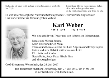 Traueranzeige von Karl Weber von Giessener Allgemeine, Alsfelder Allgemeine