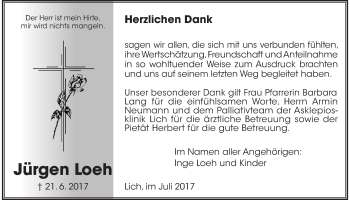 Traueranzeige von Jürgen Loeh von Giessener Allgemeine, Alsfelder Allgemeine