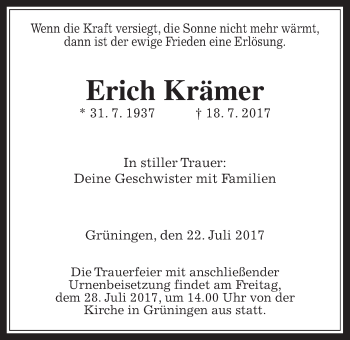 Traueranzeige von Erich Krämer von Giessener Allgemeine, Alsfelder Allgemeine